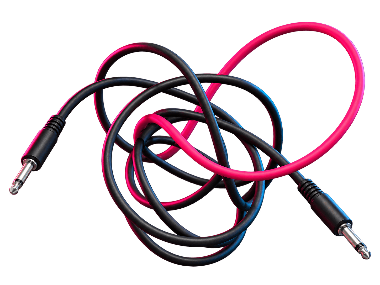 Escultura conceptual de cables Eurorack negros y rosa, con ambos conectores completos